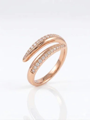 Elegant rose gold diamond ring with intertwined bands, sparkling American Diamond accents