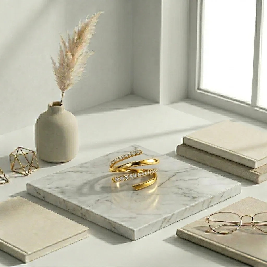 Elegant gold diamond cuff bracelet on marble, styled with books and pampas grass for luxury home decor