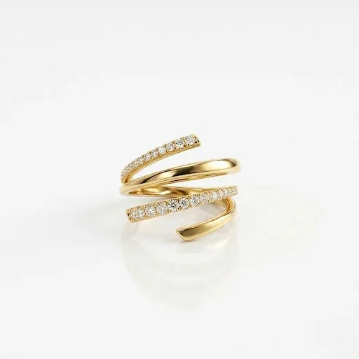 Elegant gold spiral ring with sparkling diamond accents, perfect for everyday wear or special occasions.