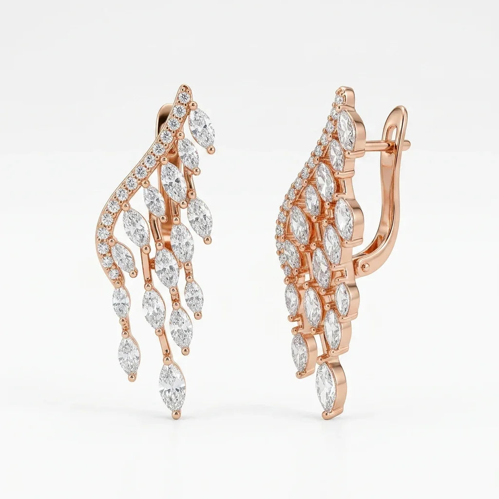 Elegant rose gold earrings with marquise and round diamonds, leaf-inspired design