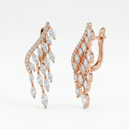 Elegant rose gold earrings with marquise and round diamonds, leaf-inspired design