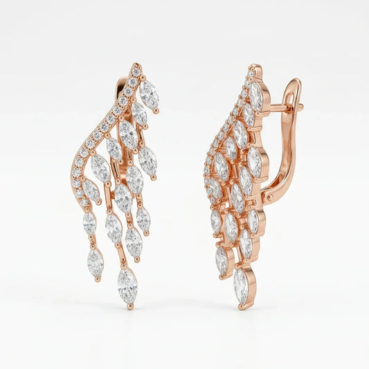Elegant rose gold earrings with marquise and round diamonds, leaf-inspired design