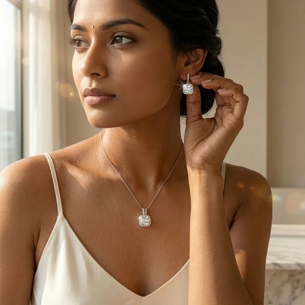 Woman wearing elegant diamond pendant necklace and matching stud earrings, showcasing sparkling American Diamond pieces.