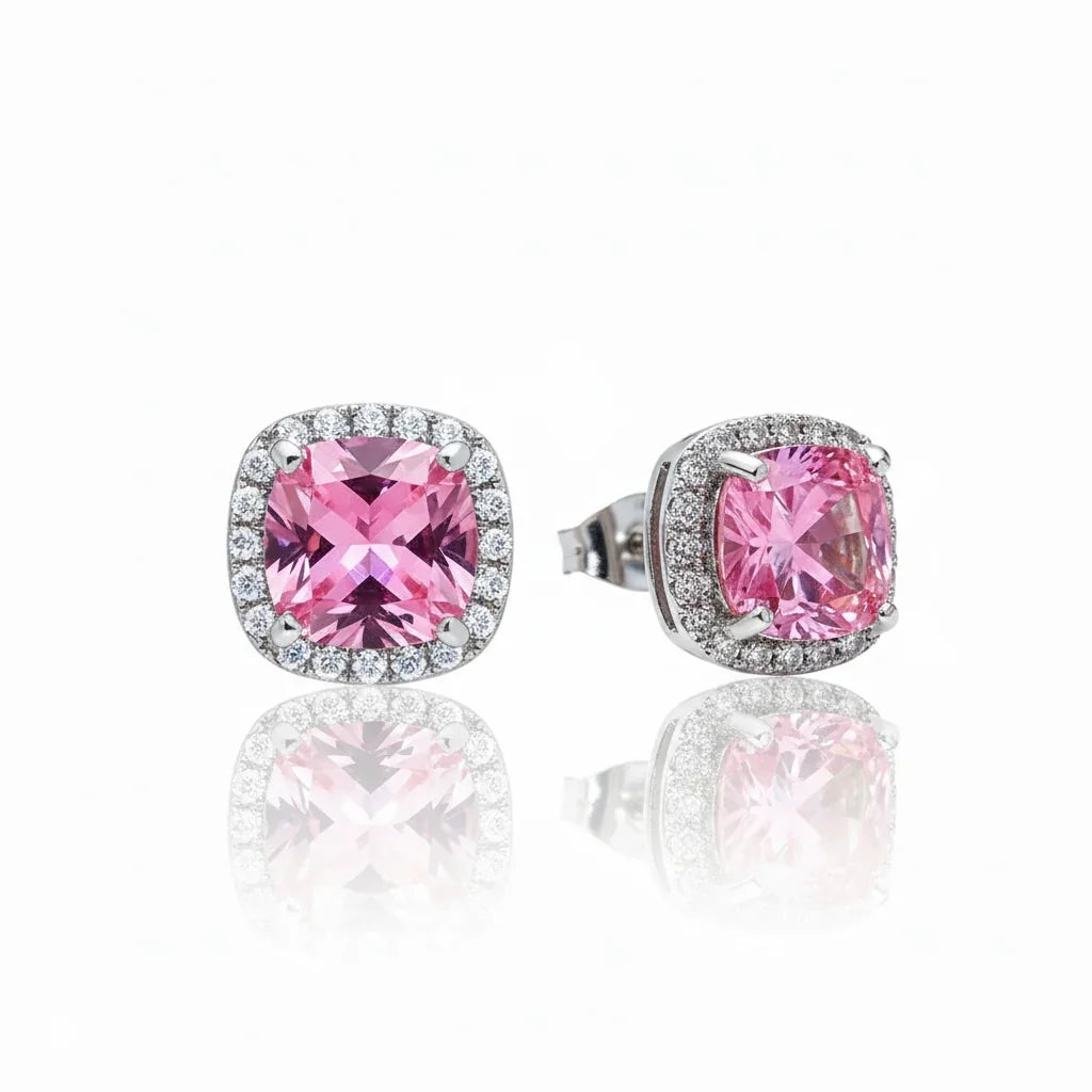 Pink cushion-cut gemstone earrings with diamond halo, American Diamond style
