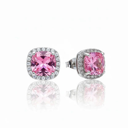Pink cushion-cut gemstone earrings with diamond halo, American Diamond style