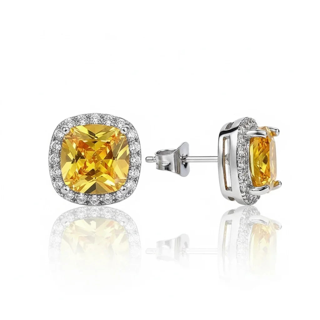 Yellow cushion-cut gemstone earrings with diamond halo, American diamond style