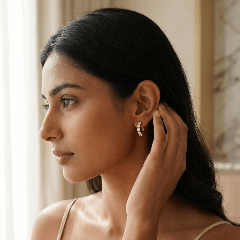 Woman adjusting an earring indoors with a neutral background