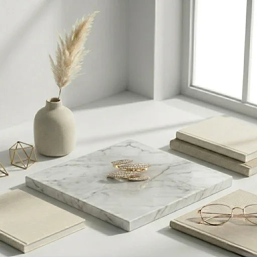 American Diamond rings on marble tray with books, vase, and glasses in bright window light