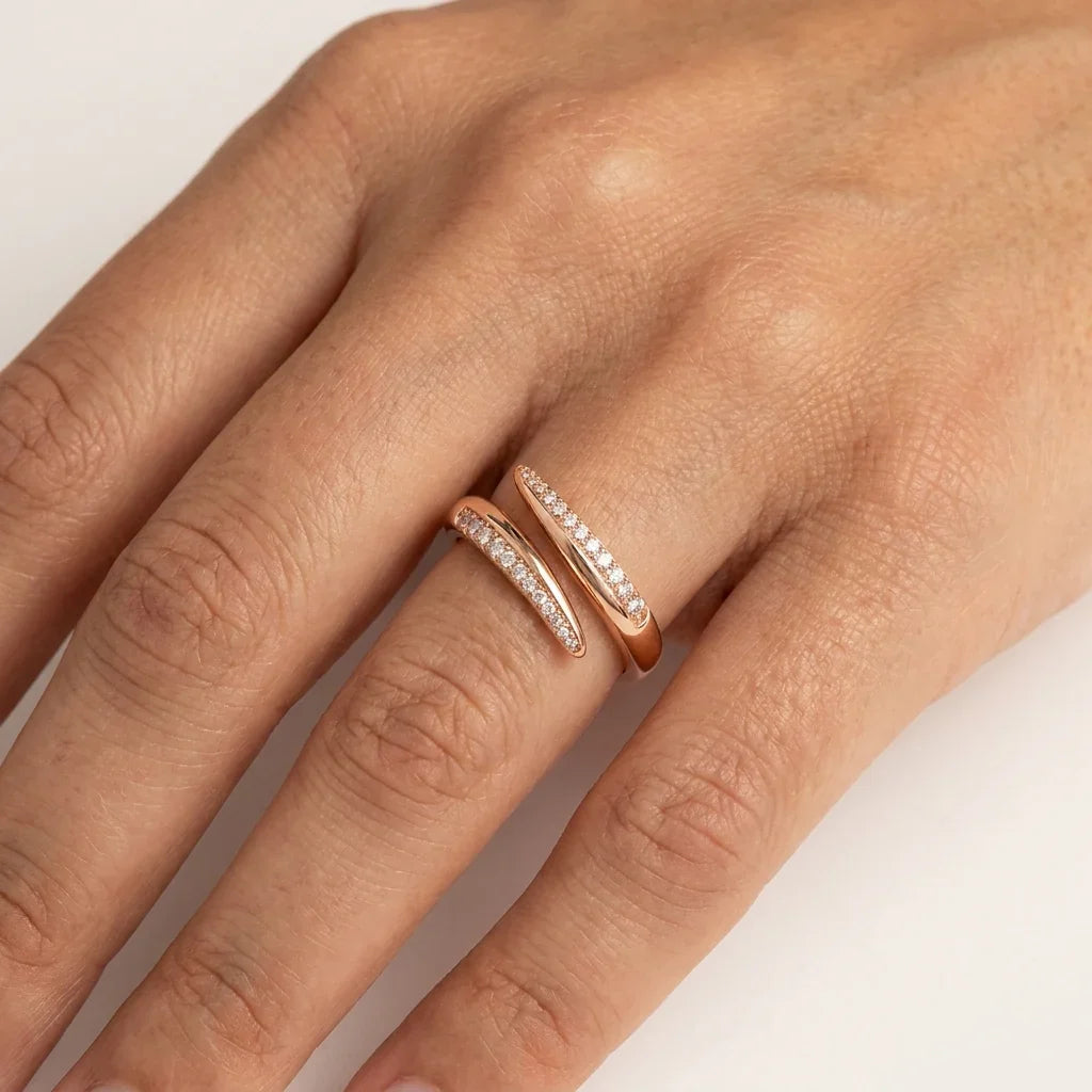 Rose gold diamond stackable rings on finger, elegant American Diamond style